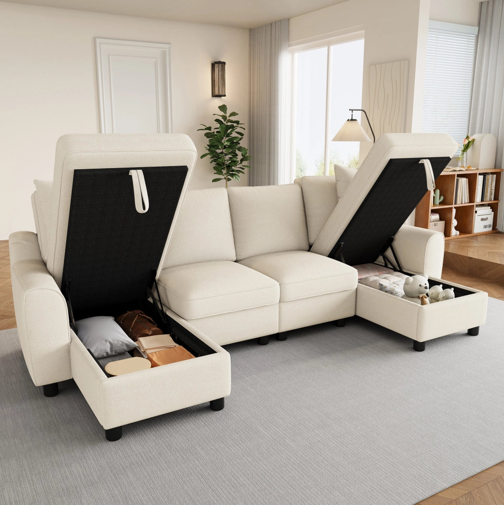 Divano a U 2 posti in ciniglia beige con doppia chaise longue contenitore e cuscini inclusi
