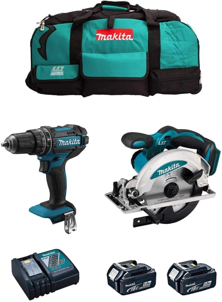 MAKITA Kit MK203 (Trapano a Percussione DHP482 + Sega Circolare DSS610 + 2 Batterie 5,0 Ah + Caricabatterie + LXT600)