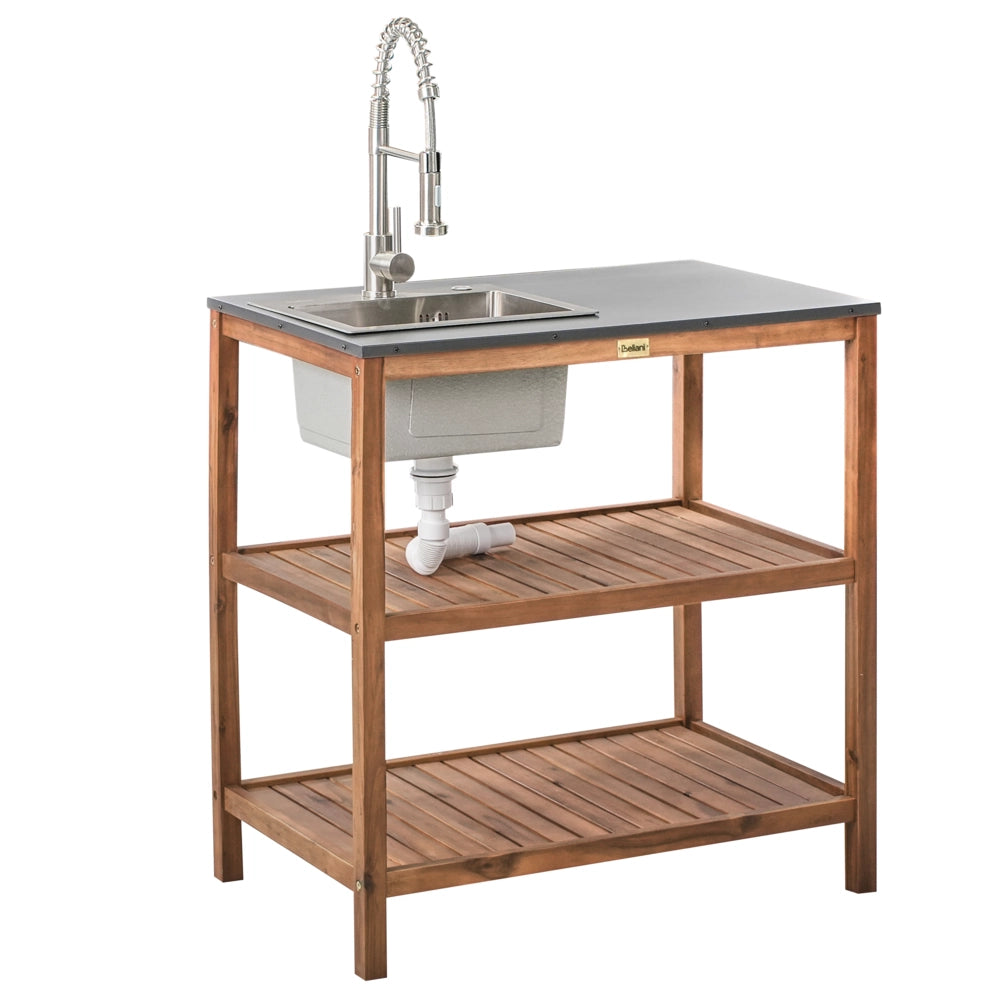 Isola da giardino in legno di acacia marrone e argento 2 ripiani 80 x 50 x 83 cm Piano in acciaio Giardino Cucina Pranzo