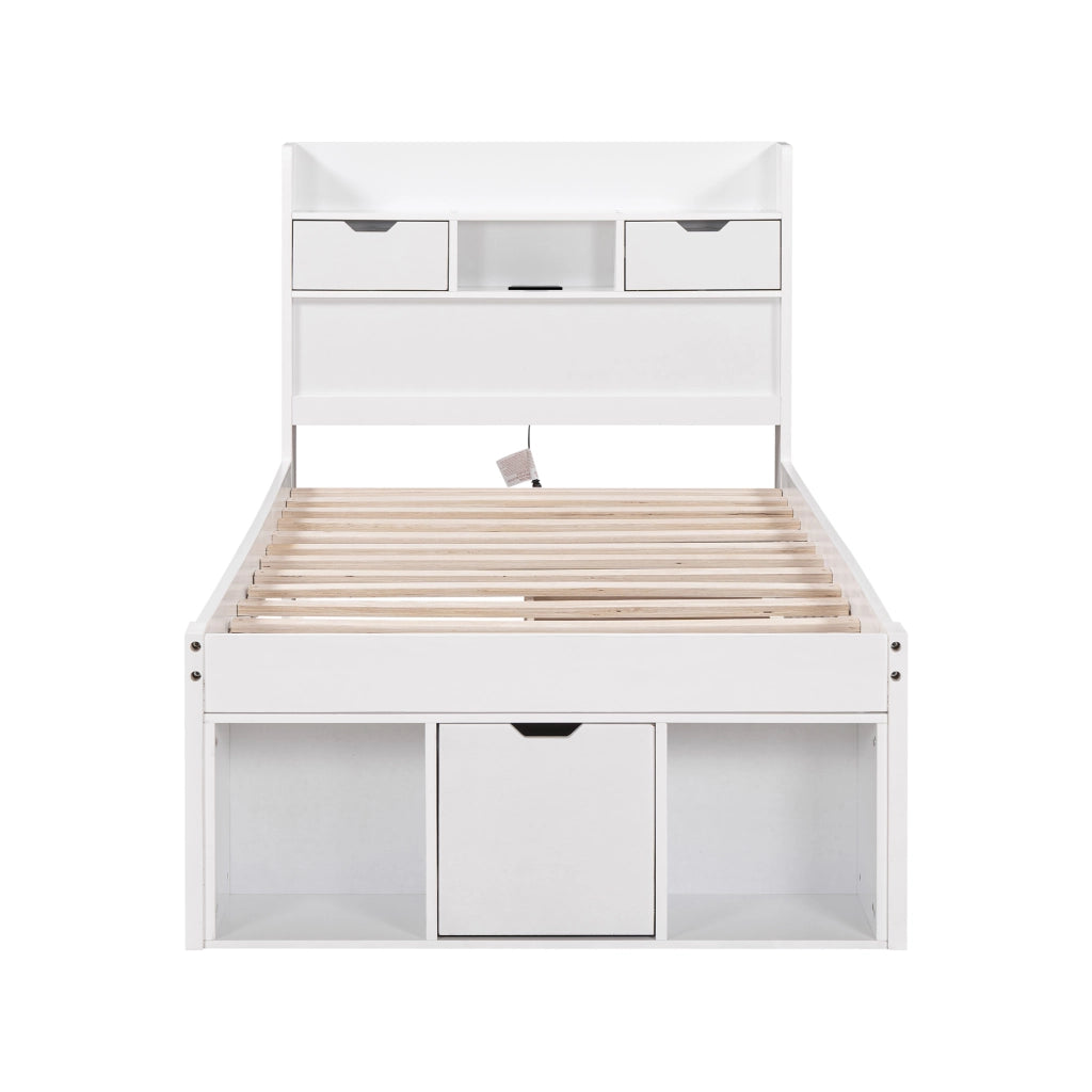DESMIU Letto per bambini 90 × 200 cm 1 posto con USB, Type-C e vani contenitori, senza materasso, bianco