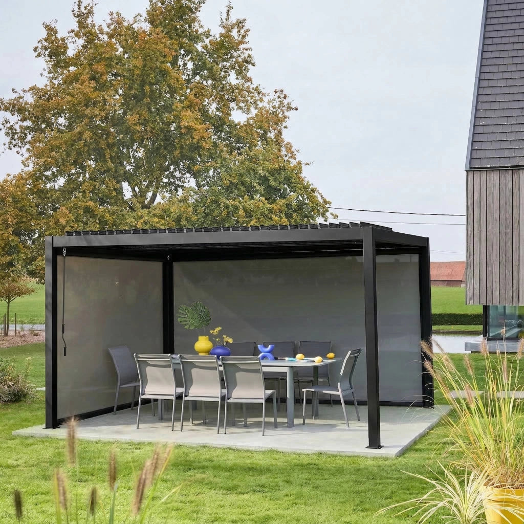 Pergola bioclimatica 3x4m in alluminio e acciaio + 1 tenda 3m + 1