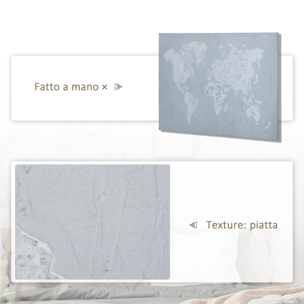 Stampa su Tela Mondo 120x90 cm in Legno di Pino Grigio e Bianco