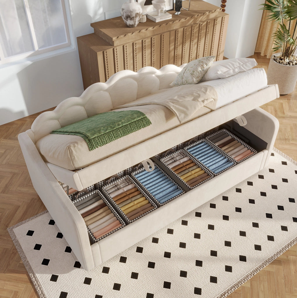 Divano letto 90x200 cm con contenitore; LED e sollevamento idraulico in velluto beige