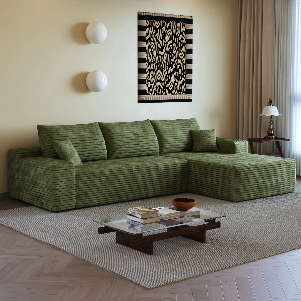 Divano angolare modulare senza montaggio con seduta profonda in tessuto a coste verde 270 × 175 × 83 cm