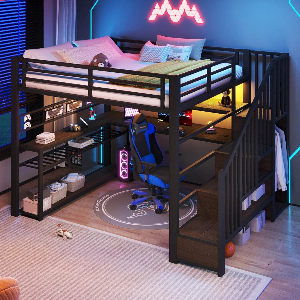 LETTO a soppalco gaming 140x200 cm MDF e metallo nero con LED, scrivania e armadio