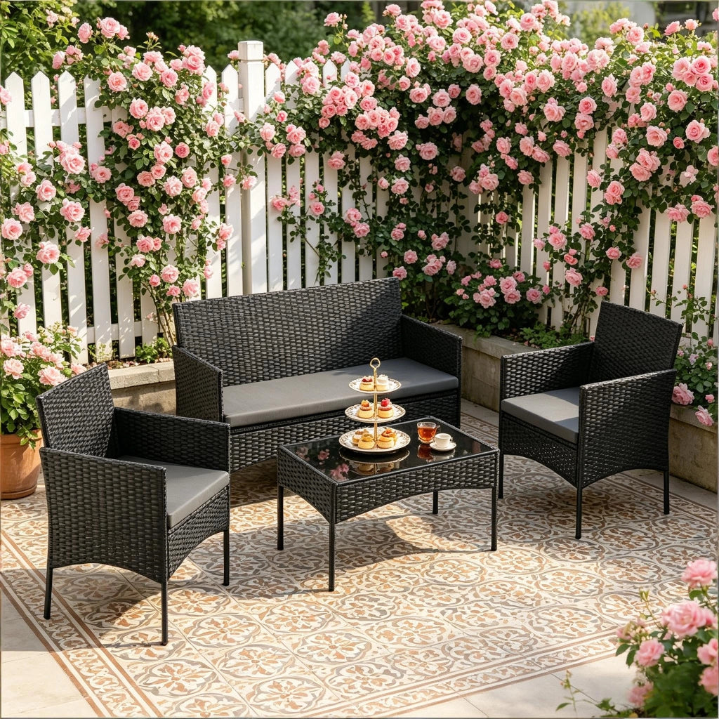 Mobili Da Giardino Per 4 Persone Nero Rattan Ferro Vetro Tavolo 71 Cm Salotto Esterno