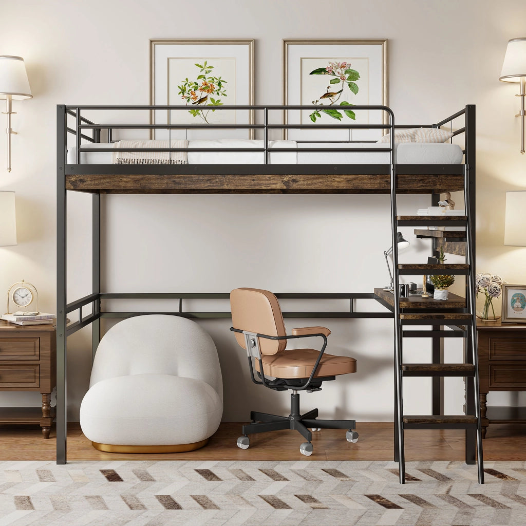 Letto a castello nero con scrivania e scaffali in metallo e mdf 90x200 cm