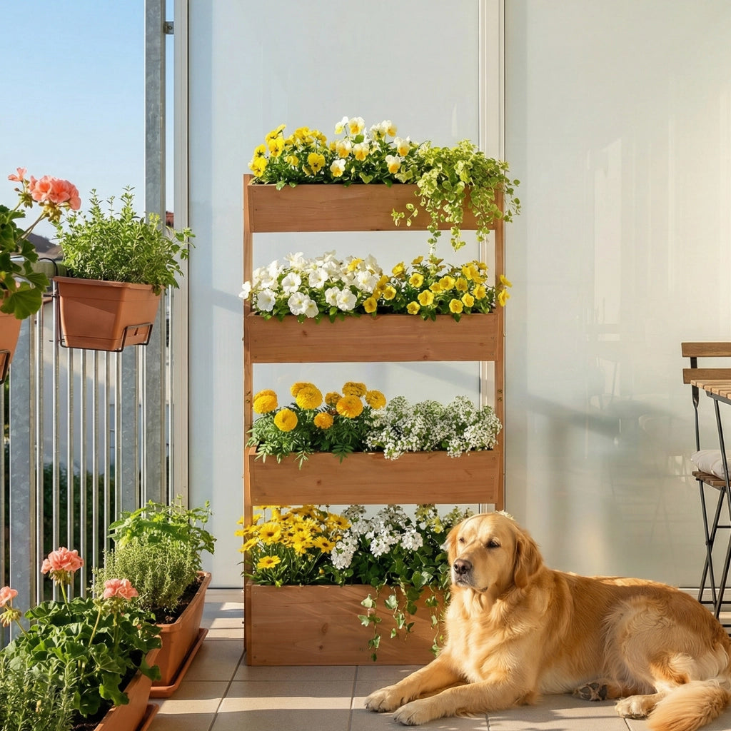 Letto da Giardino Rialzato Fioriera Verticale per Fiori o Orto con Drenaggio e Rivestimento in Legno Naturale