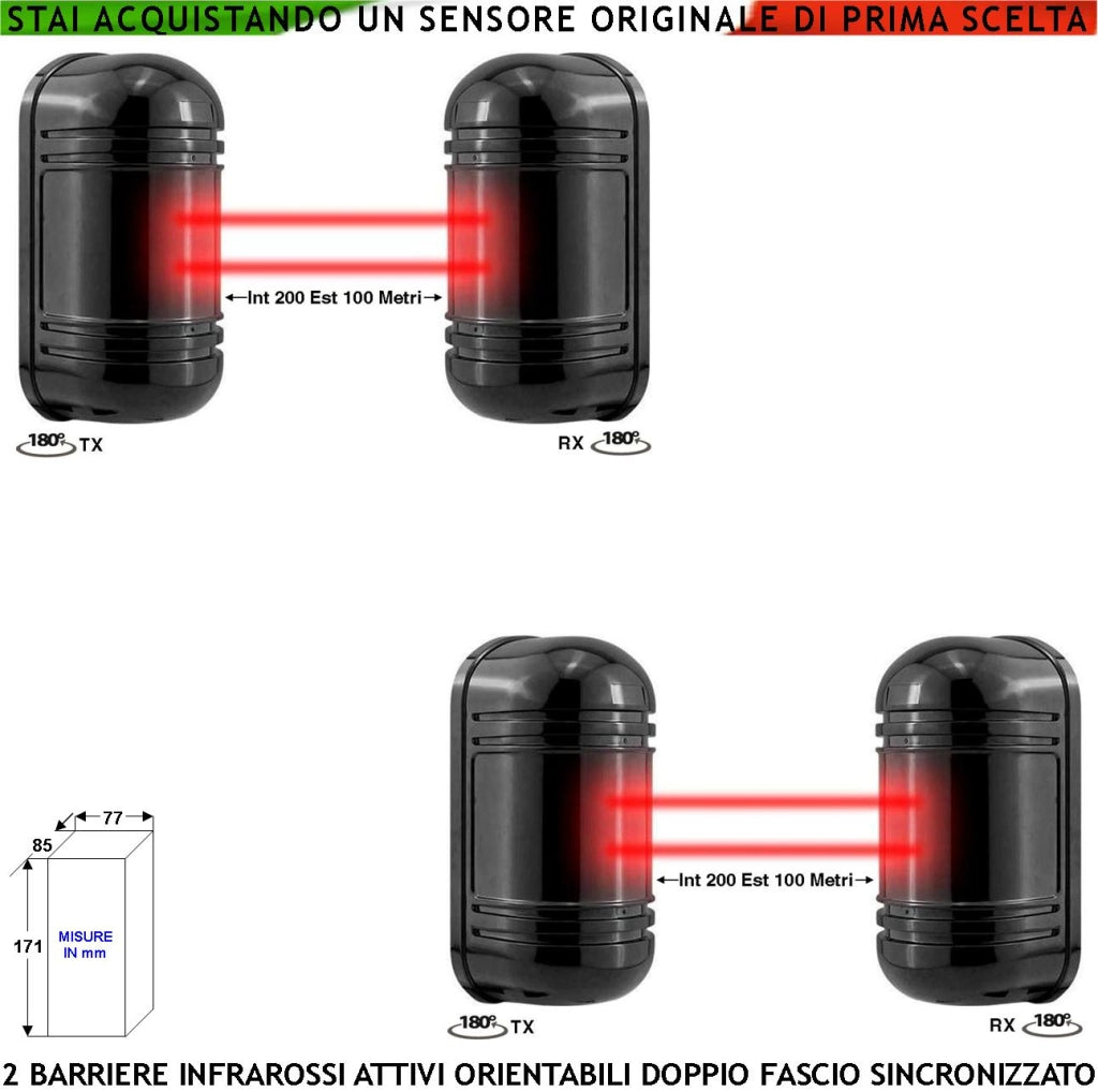Infrarossi Attivi Doppio Fascio Orientabile 2 Pezzi Sbarramento Lineare Sensore Passaggio Segnala Allarme Intruso Portata 200 MT Interno 100 MT Esterno Collegamento Filare Alim. 12V Barriera Antifurto