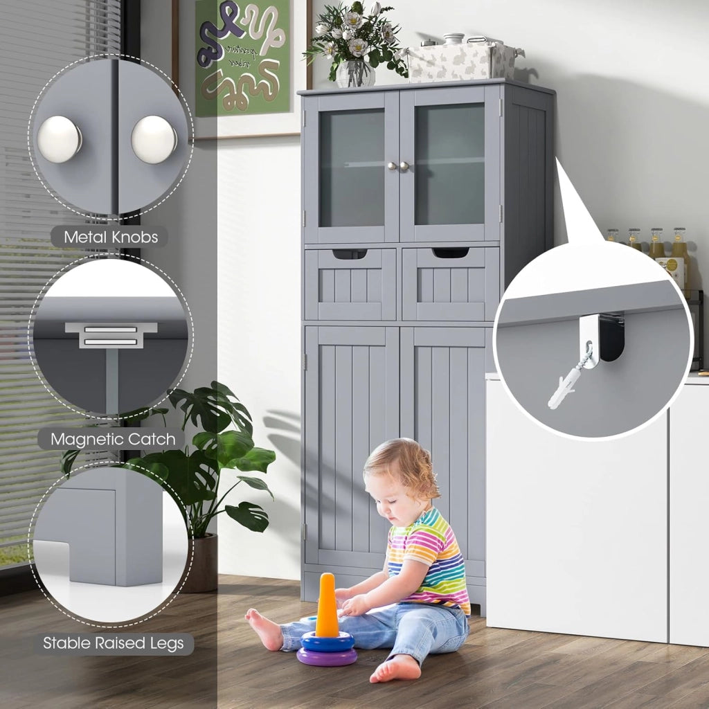 Mobile Bagno con 4 Ante + 2 Cassetti, Armadietto Multifunzione Salvaspazio 60x30x128cm, Design Modulare per Casa, Toilette e Cucina, 2 Colori Scelta & Facile Pulizia