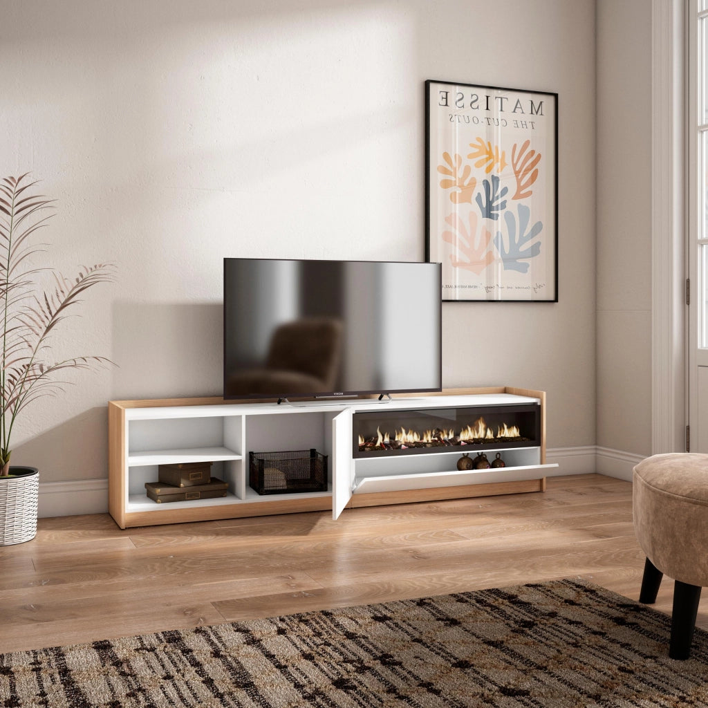 Mobile TV Soggiorno, 207x50x37 cm, Per TV fino a 80", Camino elettrico, Bianco e Rovere soft