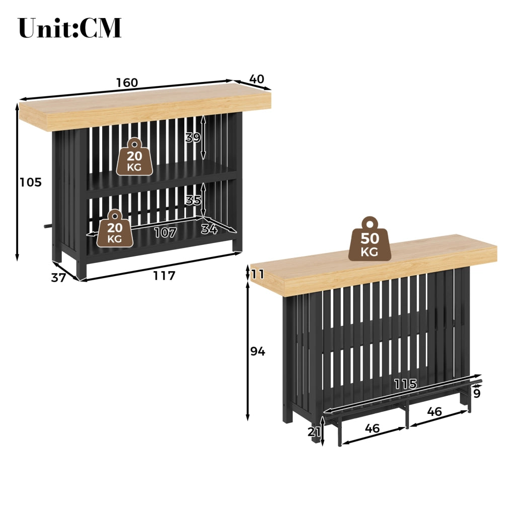 Tavolo da bar 160x40x105 cm con poggiapiedi e 2 ripiani in MDF nero