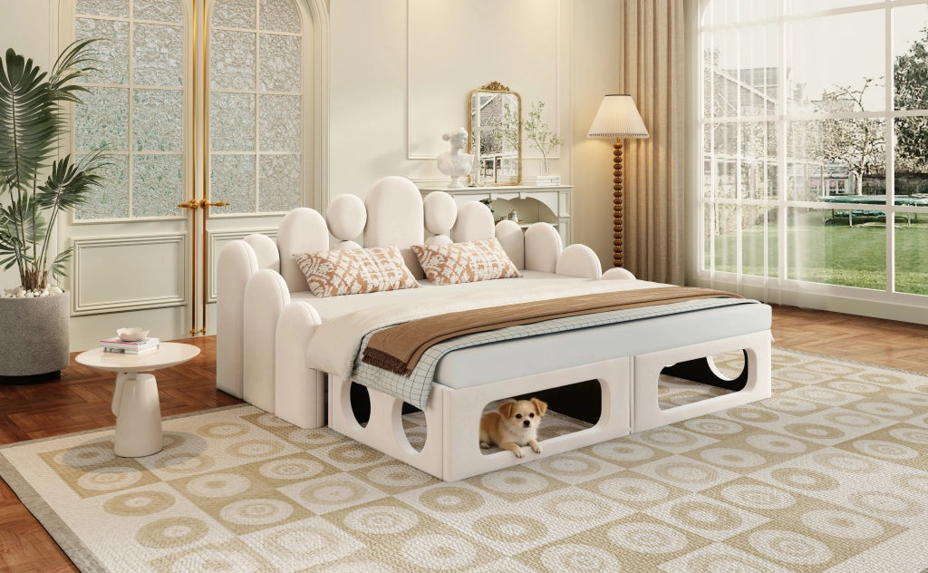 Letto a Divanetto Letto Matrimoniale 180 x 200 cm; con Cuccia Integrata; in Velluto; Beige