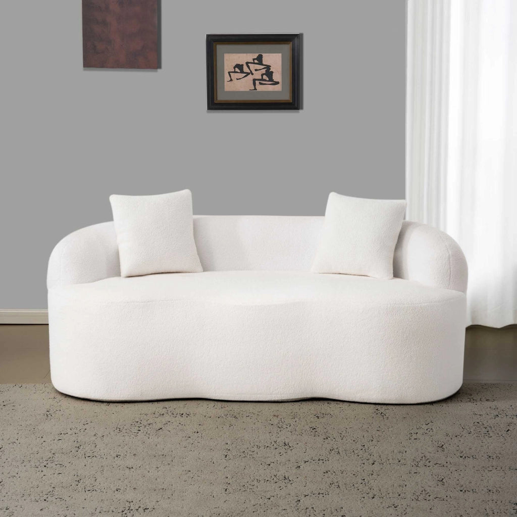 Divano curvo bianco crema 2 posti 170x89x70 cm; schiuma e molle; 2 cuscini; senza montaggio