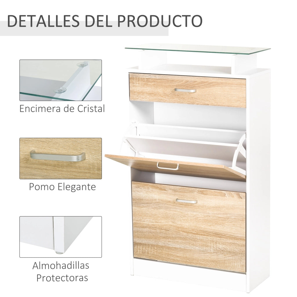 Scarpiera con 3 Cassetti ¨C Xylo ¨C Ripiano in Vetro Maniglia Alluminio 60x24x105,5cm Legno Naturale