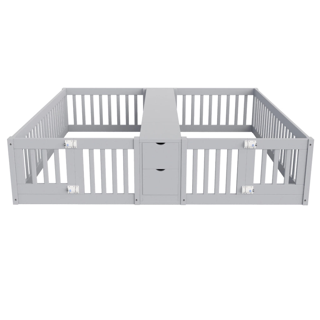 Letto doppio per bambini 2x90x200 cm con cassetti e ripiani in pino; compensato e MDF grigio