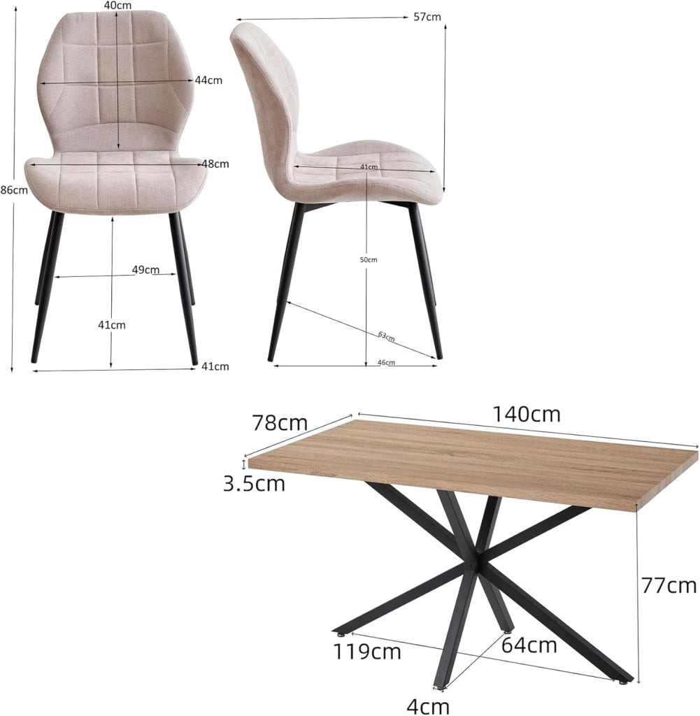 GrandCA HOME Set Tavolo e Sedie da Pranzo da 5 Pezzi, Tavolo Quadrato da 140 cm, 4 Sedia Imbottita in Lino, Adatto per Cucine, Sale da Pranzo e Soggiorni (Legno Chiaro + Nero)