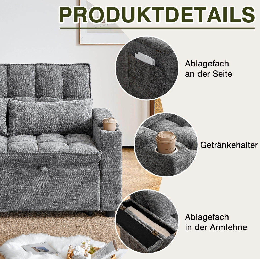 DIVANO Letto 3 in 1 Trasformabile 142 cm Grigio in Chenille