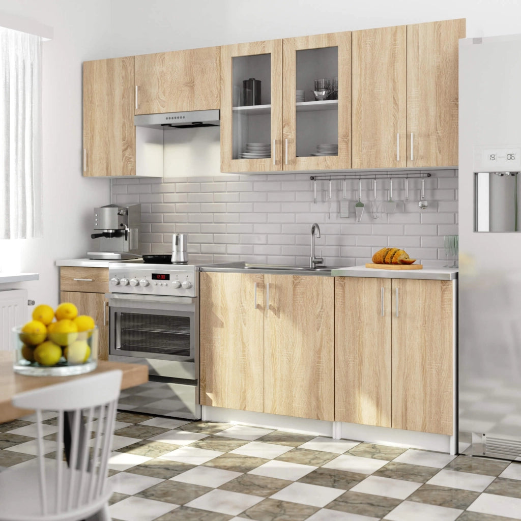 Set da cucina con vetrina AKORD LIMA 2,4 m H720 Bianco 240 cm 11 ante 1 cassetto frontale Rovere Sonoma 240×44,5×203 cm