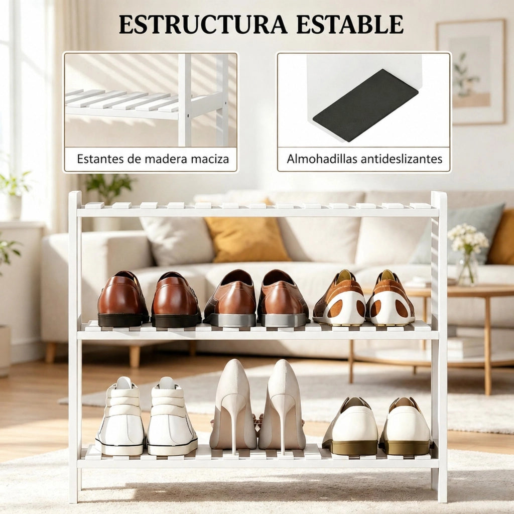 Scarpiera 70x26x57，5 cm in pino e MDF bianco， 3 ripiani per ingresso