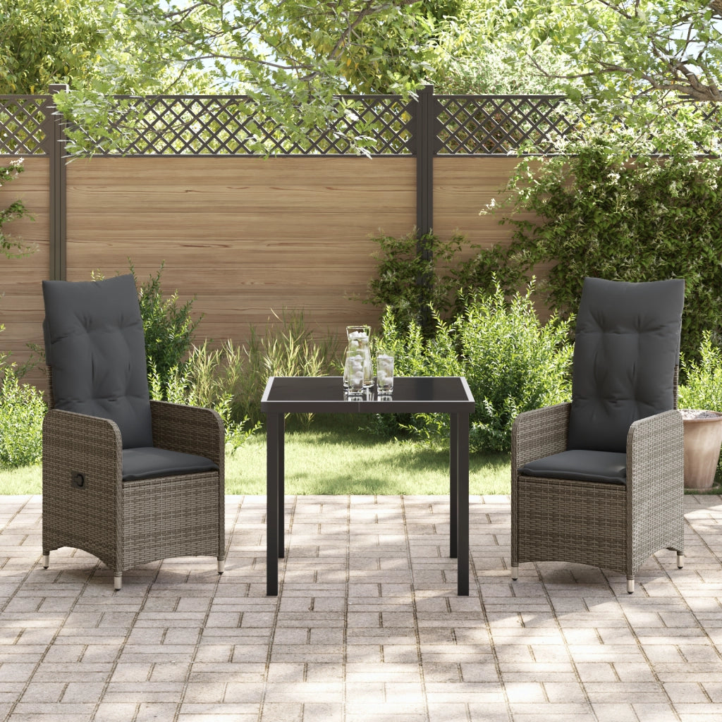 Set da pranzo da giardino di 3 pezzi con cuscini in polyrattan grigio
