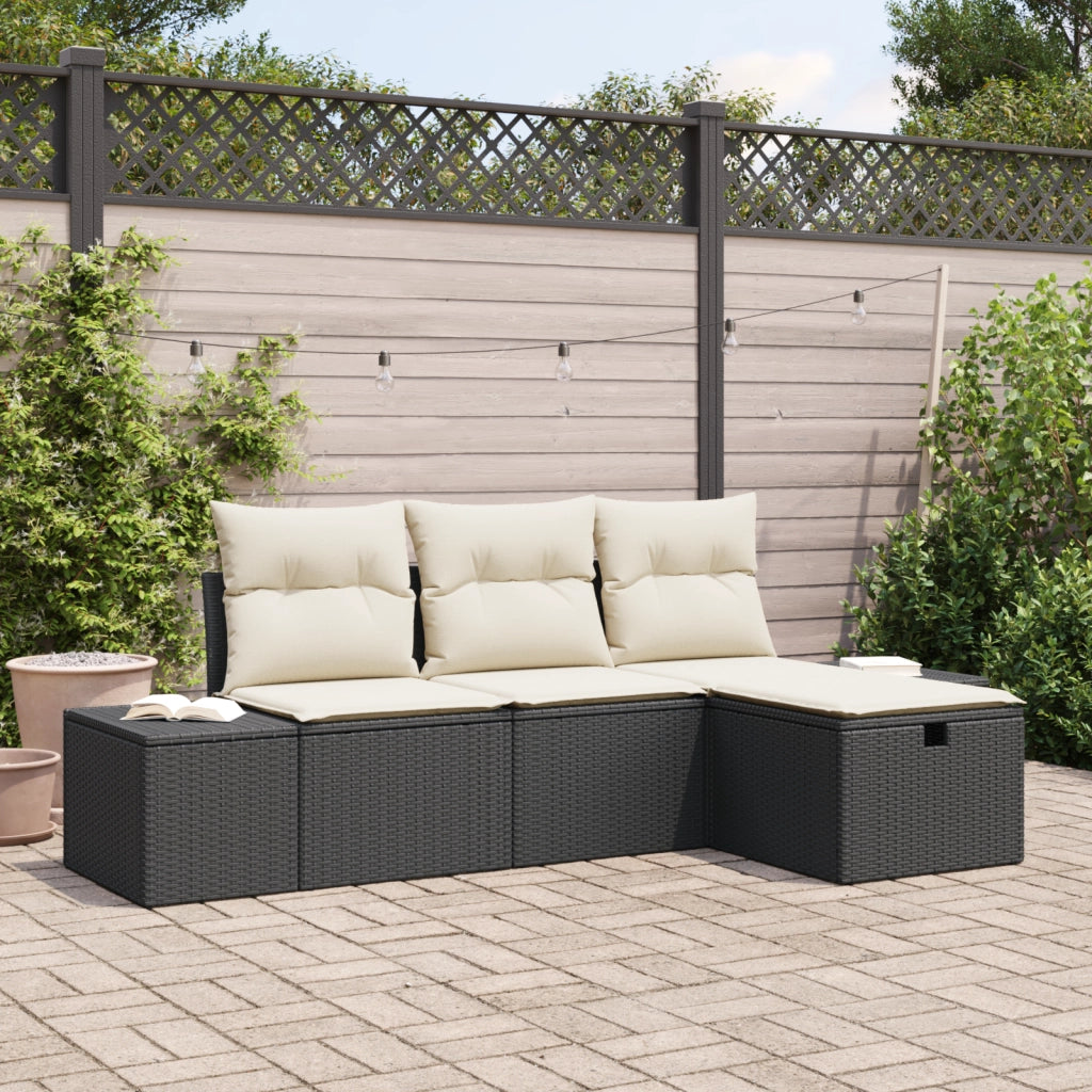 Set di divani da giardino di 4 pezzi con cuscini in polyrattan nero