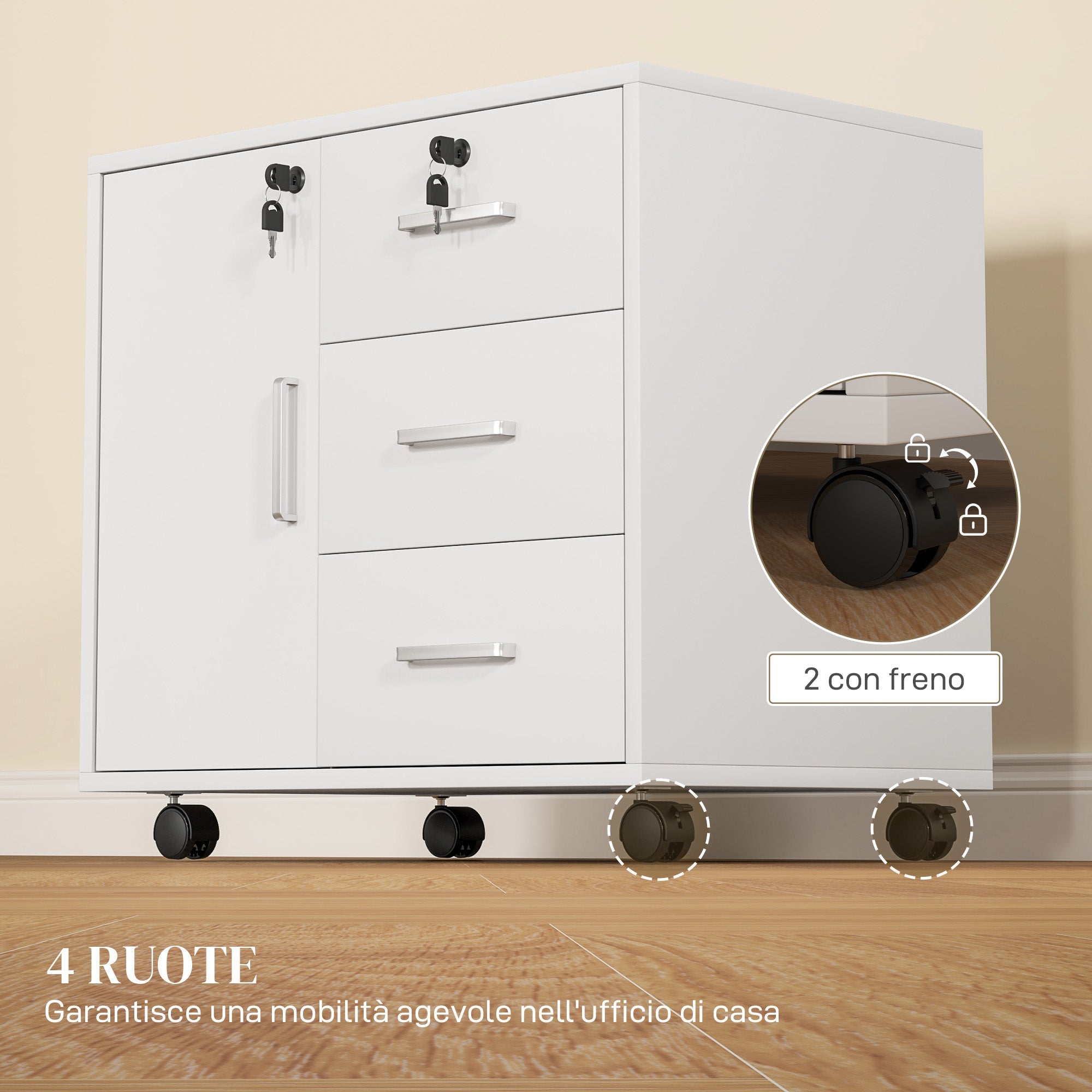 Cassettiera da Ufficio Schedario  con 3 Cassetti e Armadietto 60x40x56 cm in Legno Bianco