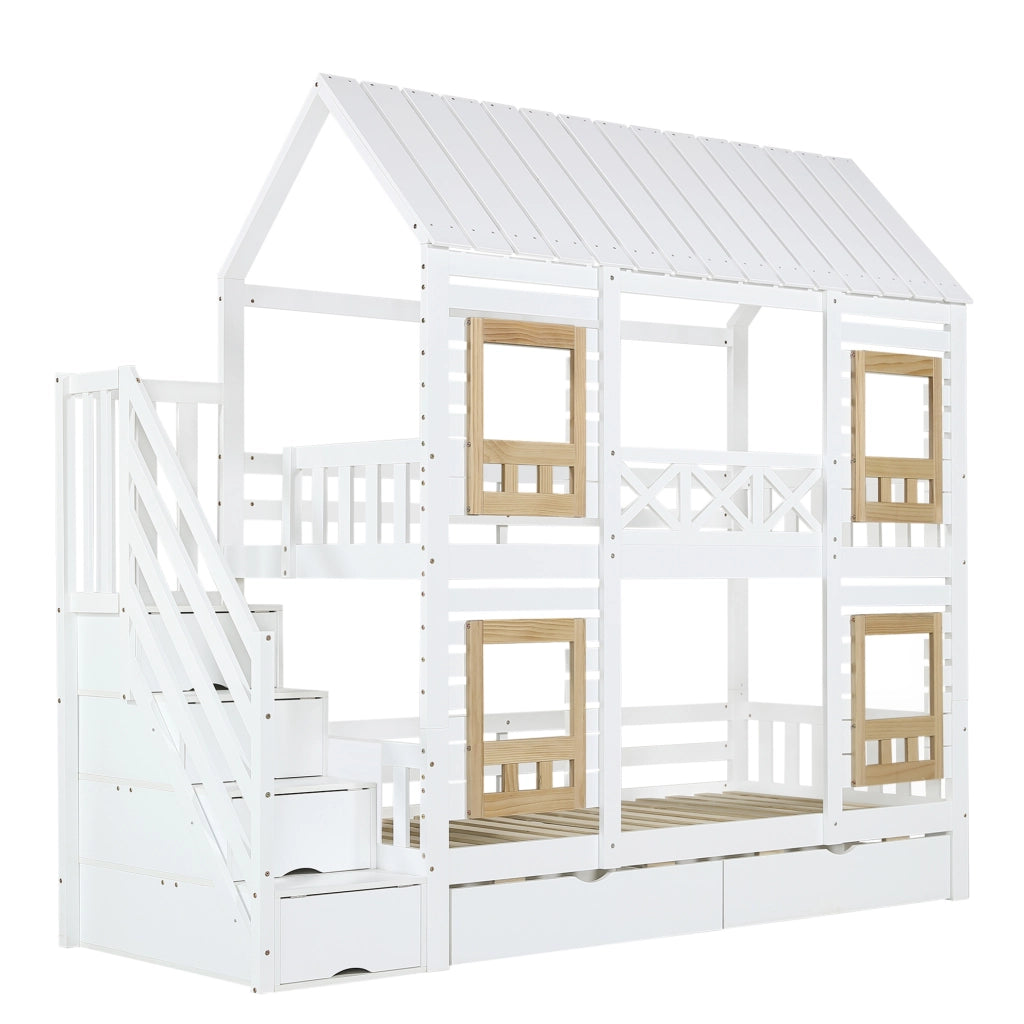 Letto a castello ULEVR 90x200 cm con 2 cassetti, scala con 4 vani e finestre, bianco e naturale
