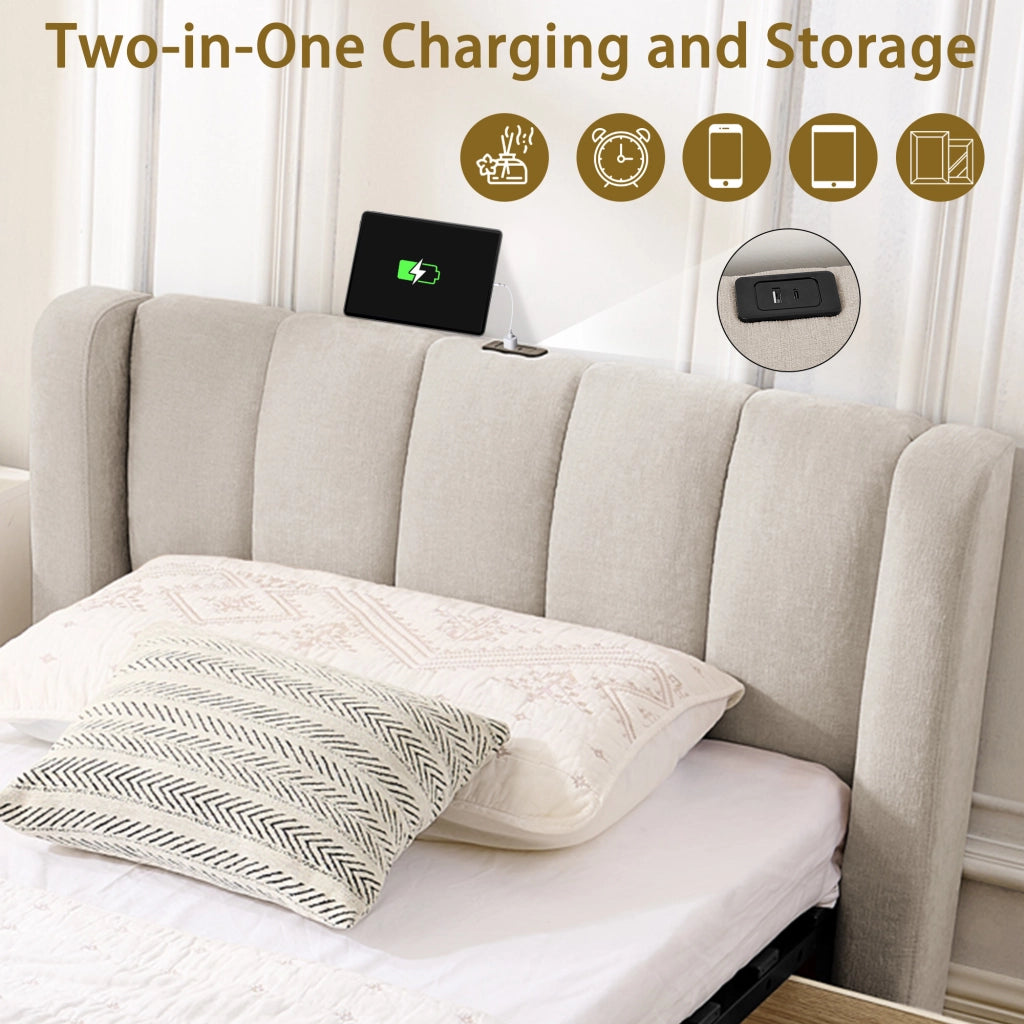 Letto singolo in Chenille beige 90x200 vani laterali USB ergonomico