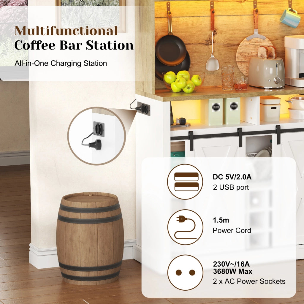 Colonna da cucina con LED RGB vetrina ripiani aperti ganci e portabottiglie in MDF bianco naturale 110 × 40 × 191 cm