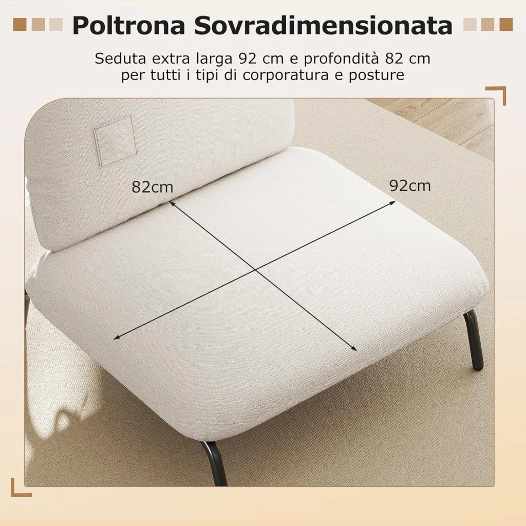Sedia Relax, Sedia Soggiorno con Seduta Extra Larga, Tasca Portaoggetti, Poltrona con Struttura Metallica, Divano Pigro Moderno per Camera da Letto e Ufficio, Portata 250 kg (Beige)