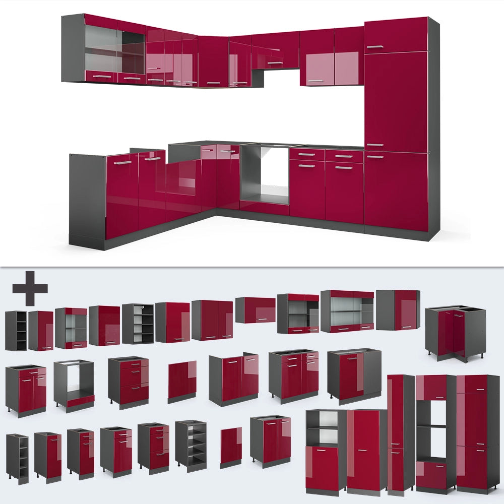 Vicco Cucina angolare completa Rosso lucido/antracite 287 x 46 cm senza piano di lavoro
