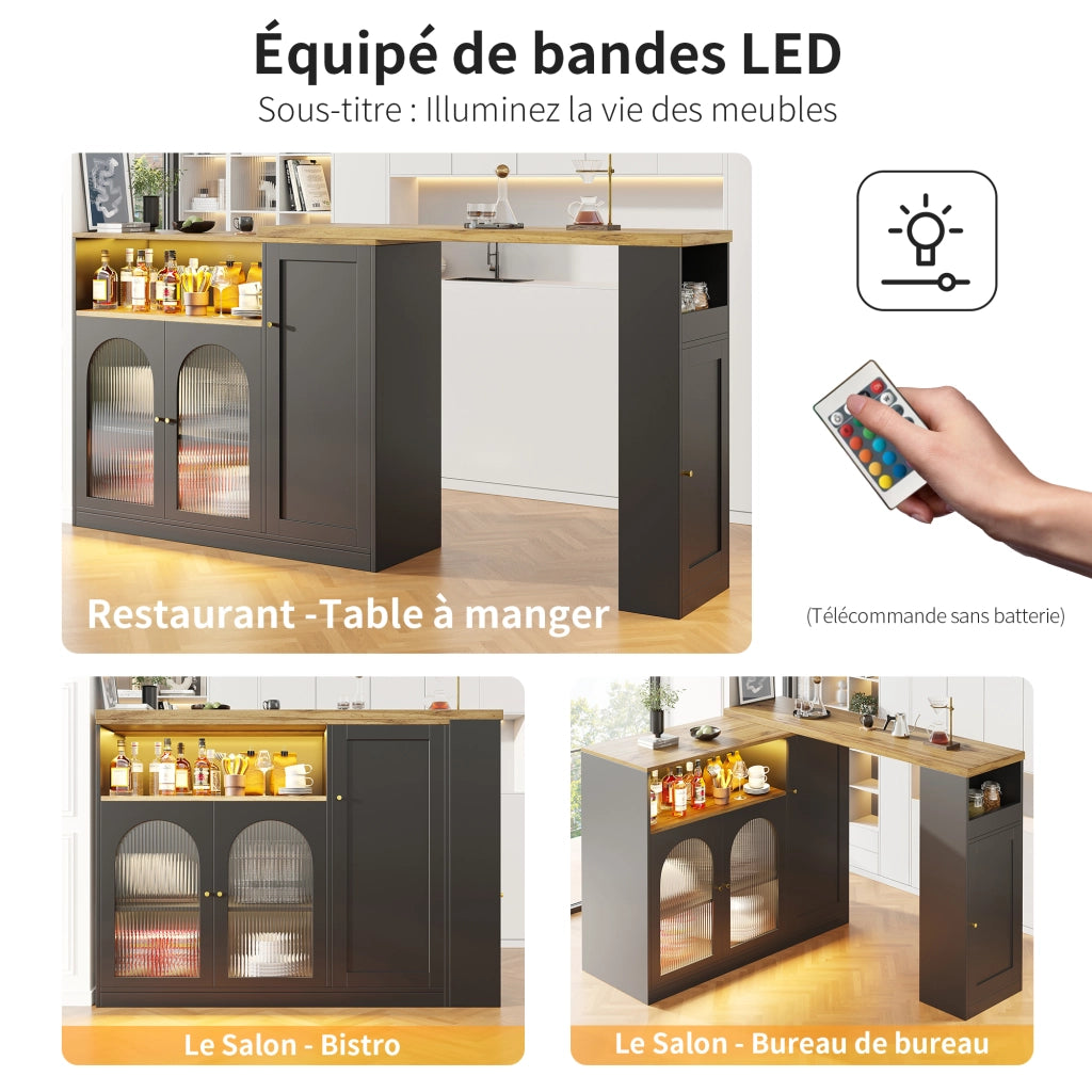 Mobile Bar con Piano Girevole 360; Ripiani Aperti; Anta in Vetro Rigato e LED per Cucina in MDF Nero