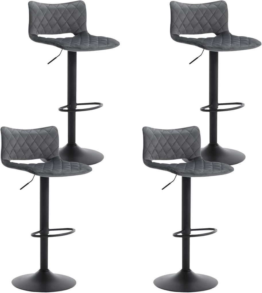 Set di 4 Sgabelli da Bar, Sedie Alte da Bar Regolabili in Altezza, Sgabelli per Isola Cucina Girevoli, con Schienale e Poggiapiedi, Sgabelli Imbottiti in Velluto, Grigio Scuro, BH392dgr-4