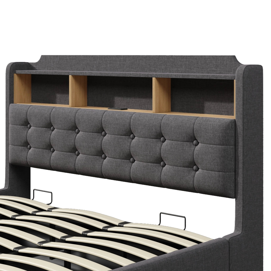 DESMIU Letto contenitore 180 × 200 cm 2 posti con LED, USB e Type-C, senza materasso, grigio