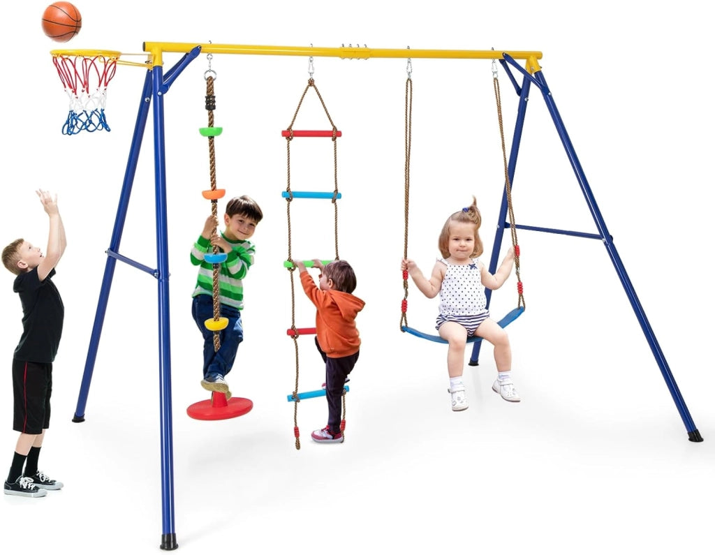 Set di altalena per bambini, 4 in 1, con altalena, scaletta e cestino da basket, altalena da giardino con struttura, struttura da gioco per bambini all'aperto, WY00233HNDE