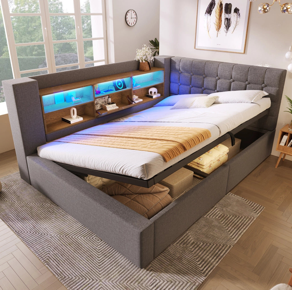 Letto imbottito 140x190 cm con LED, USB e contenitore
