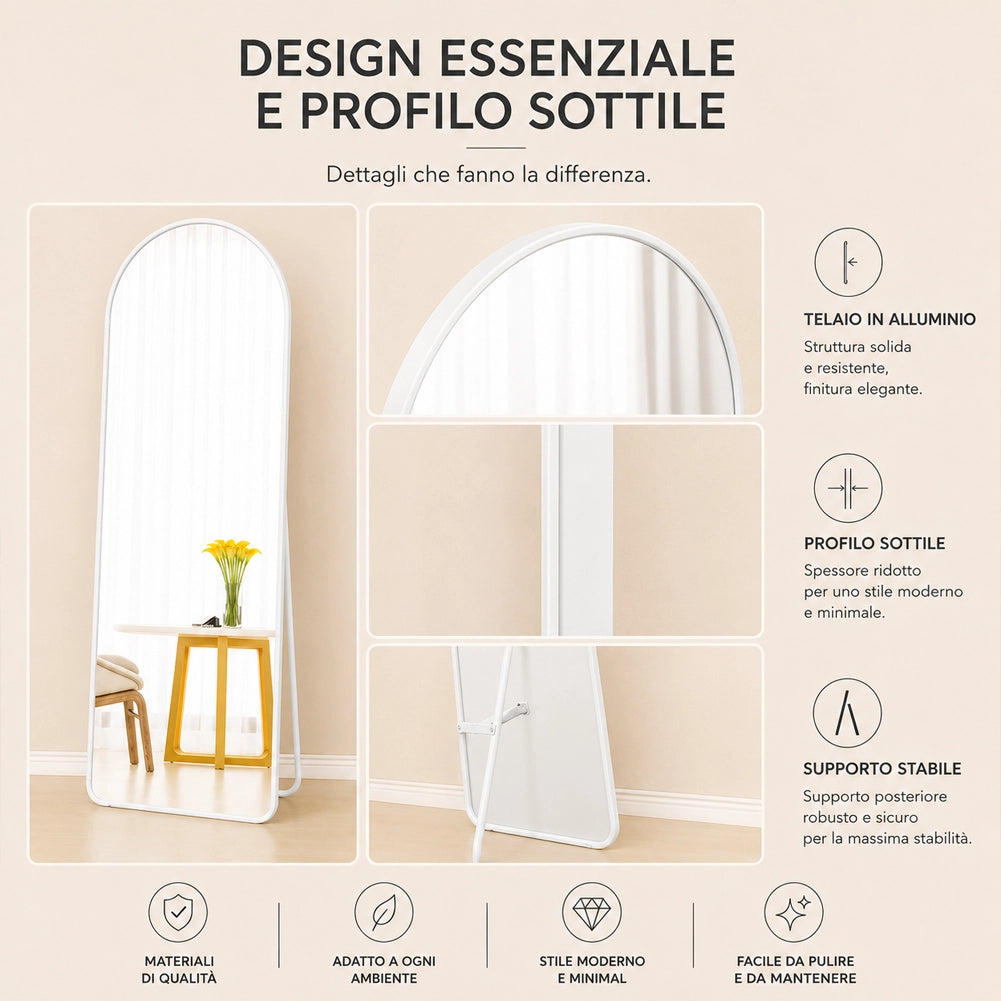 Specchio ad Arco da Terra e Parete Bianco Decorazione Design Moderno 155x45 cm