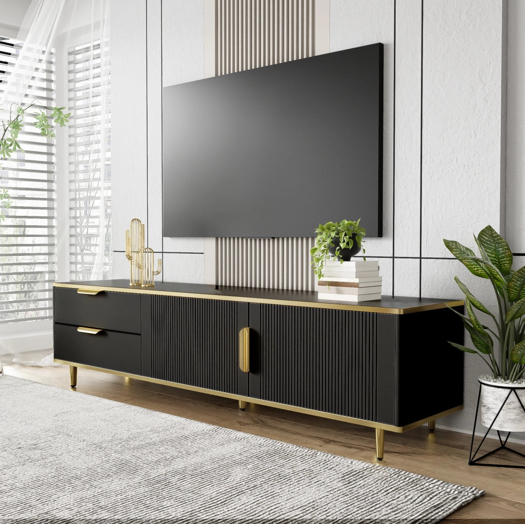 Mobile porta TV con 2 cassetti e ante; MDF e truciolare; 170 cm; nero e oro