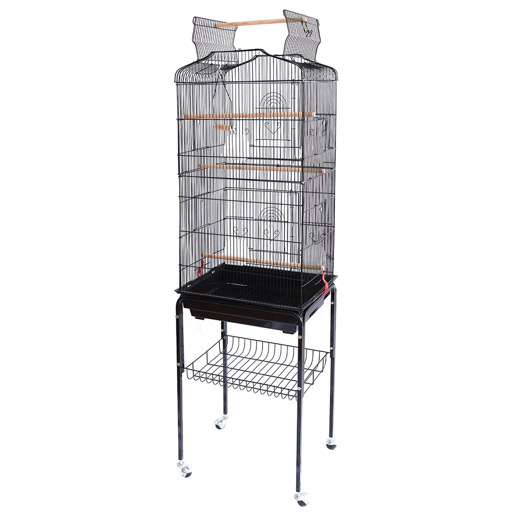 Gabbia Voliera per Uccelli Nera per Pappagalli con Tetto Apribile 46x35x148 cm