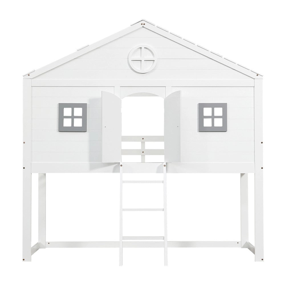 Letto Casetta per Bambini con Scala e Grate ¨C MINIMAL ¨C Pino e MDF, Bianco e Grigio, 90x200