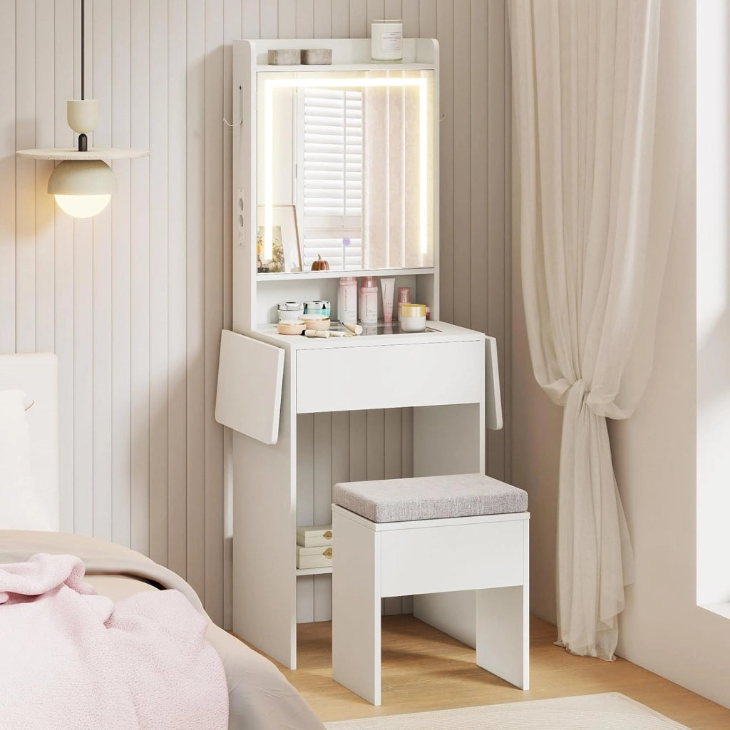 Tavolo da toeletta con sgabello, tavolo cosmetico con illuminazione a LED regolabile e prese, tavolo da toeletta con cassetto, armadio e vano aperto, tavolo da toeletta per camera da letto
