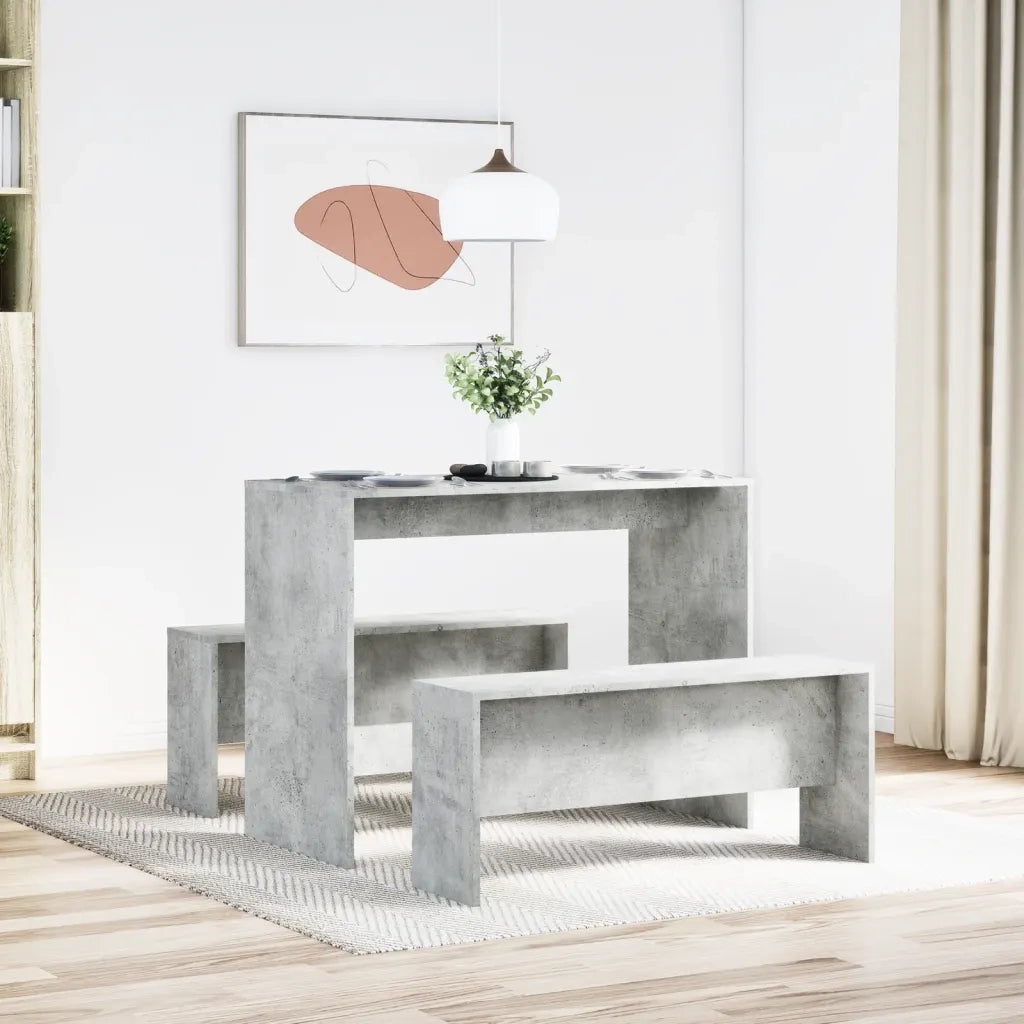 Set Tavolo da Pranzo e Panche 3 pz Grigio Cemento in Truciolato 855533
