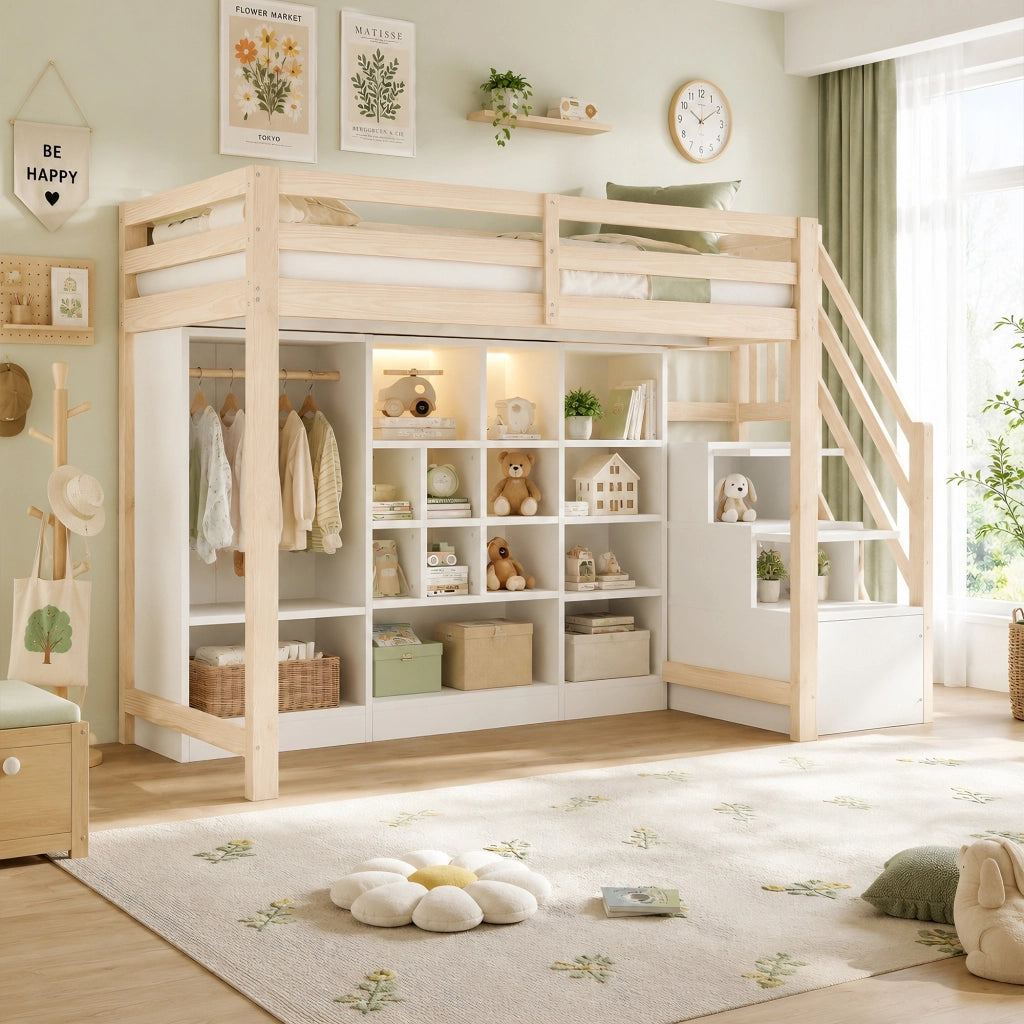 LETTO a soppalco 90x200 cm in legno naturale/bianco con scala laterale e LED