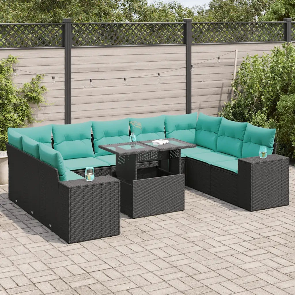 Set Divani Giardino 10pz con Cuscini Nero in Polyrattan Acacia