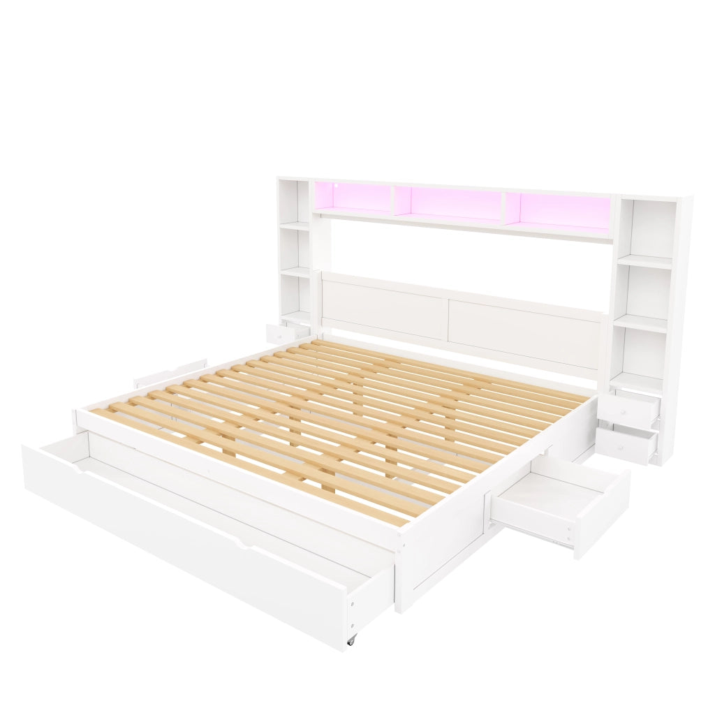 Letto contenitore 180x200 cm con testiera libreria; 7 cassetti e LED; bianco