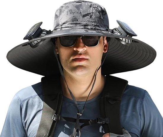 Cappello da Pesca per Esterno con Ventilatore a Energie Solare - Protezione Solare e Raffreddamento - Unico Pezzo - Cappello da Sole con Larga Cintura per Uomini - Cappello con Ventilatore a 3 Velocità