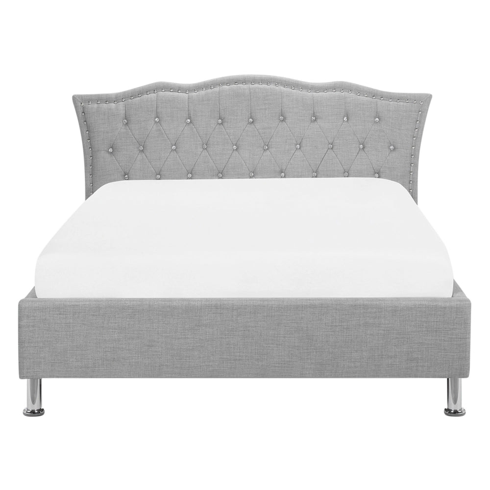 Letto matrimoniale Tessuto grigio 140 x 200 cm Cornice imbottita Bottoni in cristallo Poggiatesta