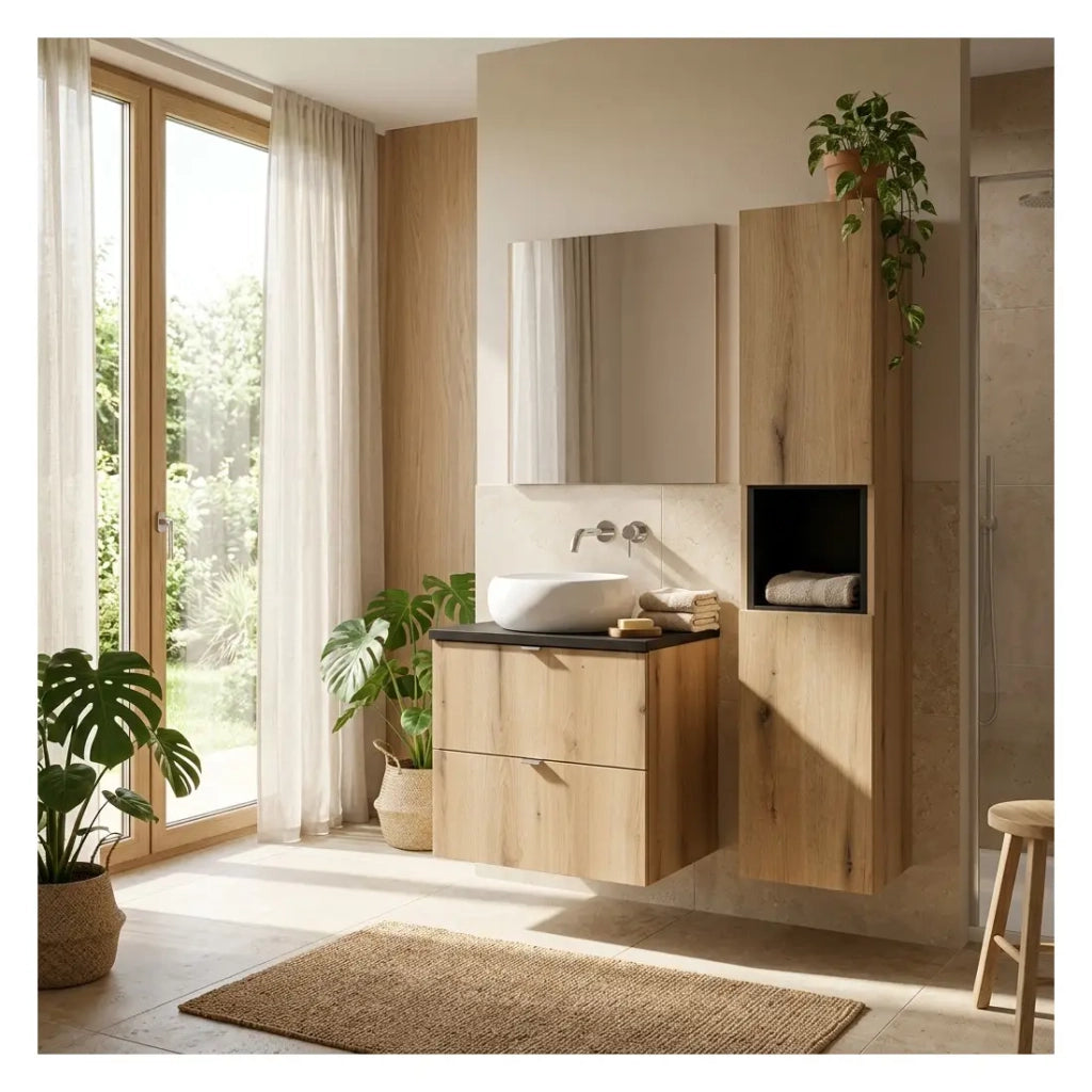 Set VANO effetto rovere e nero 90cm: mobile sottolavabo con cassetti + piano per lavabo + lavabo da appoggio rotondo + colonna