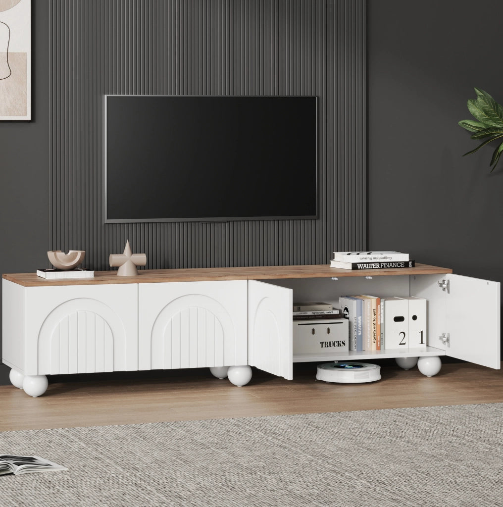 Mobile TV 180x40x45 cm con 4 ante e 6 gambe in metallo MDF bianco e naturale